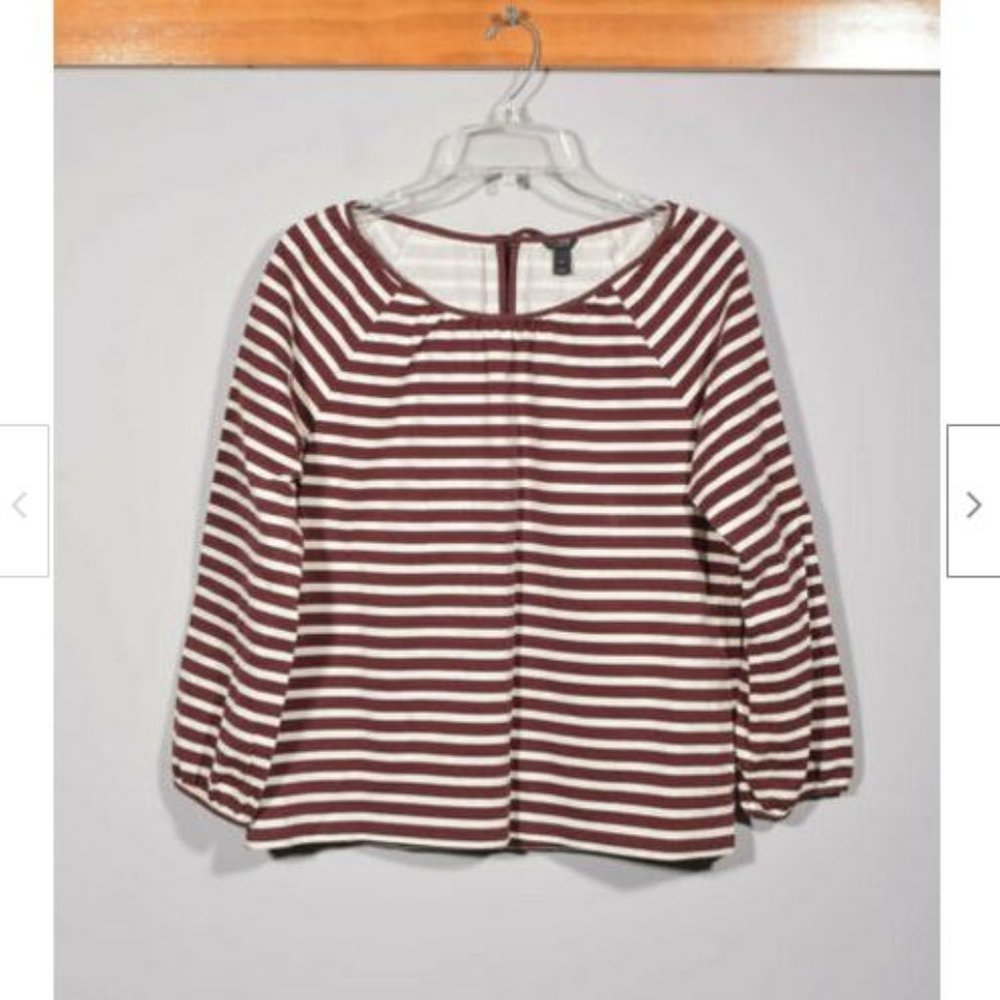J. Crew F8812 100% Cotton Merlot White Stripe Tie Back Peasant Muslin Shirt Sz - Picture 2 of 4